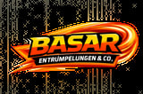 BASAR Entrumpelung & Co. logo with yellow and red flaming design on black background